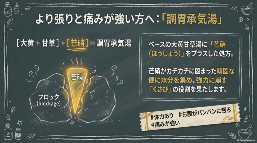 より張りと痛みが強い方へ「調胃承気湯」。大黄甘草湯に芒硝（ぼうしょう）をプラスし、硬い便に水分を集めて崩す