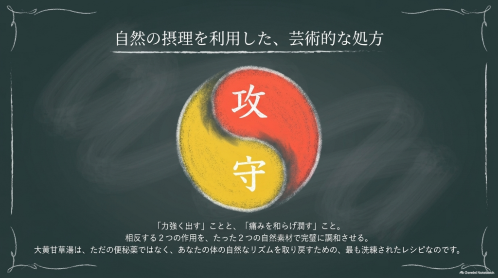 「力強く出す」ことと「痛みを和らげ潤す」こと。相反する2つの作用を2つの生薬で調和させた大黄甘草湯