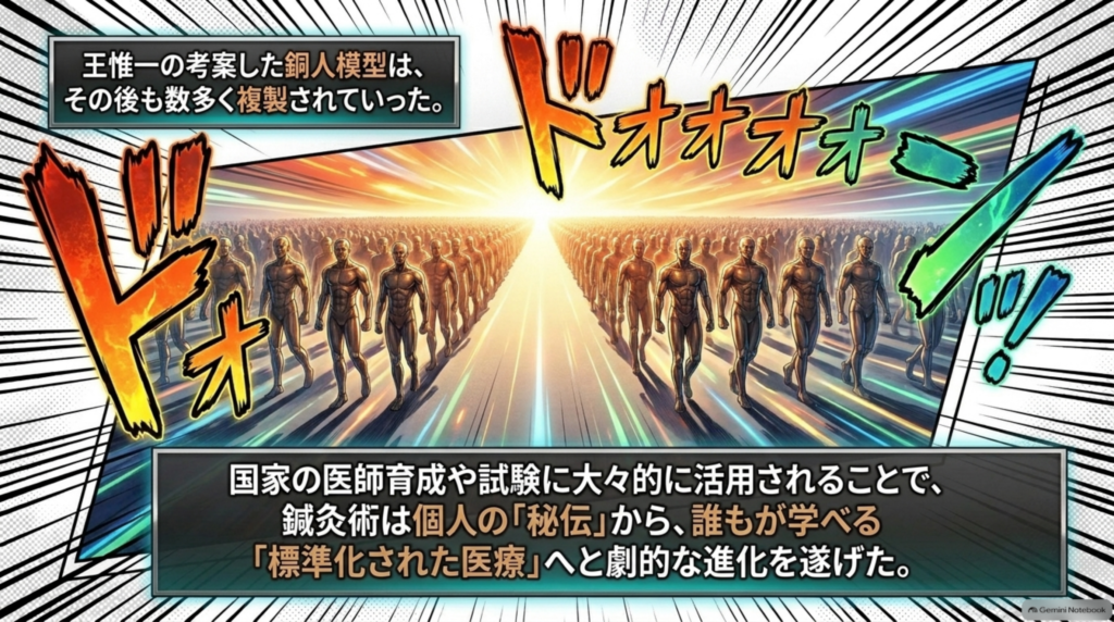 王惟一の考案した銅人模型はその後も数多く複製され、医師の育成や試験に活用されて鍼灸術の標準化が進んだ