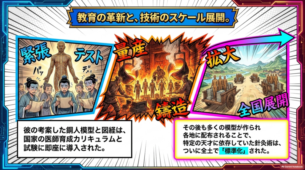 教育の革新と技術の展開。銅人模型と図経は国家の医師育成と試験に導入され、多くの模型が作られて各地に広まった