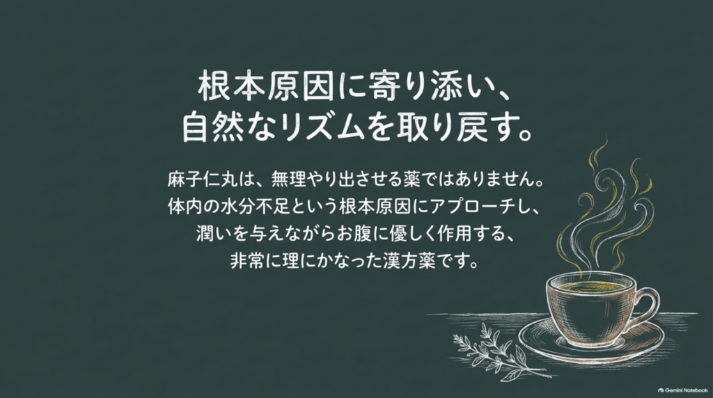 根本原因に寄り添い、自然なリズムを取り戻す。体内の水分不足にアプローチし、潤いを与えながら優しく働く麻子仁丸