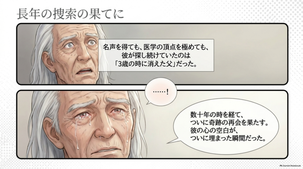 名声を得ても、医学の頂点を極めても探し続けた父。数十年の時を経て、ついに奇跡の再会を果たす