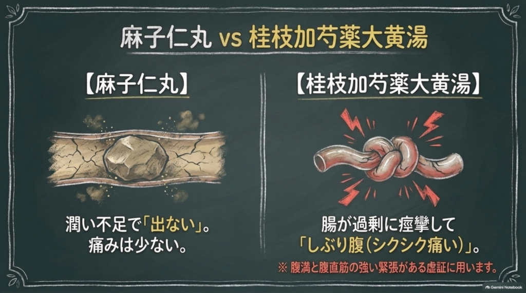 麻子仁丸と桂枝加芍薬大黄湯の違い：麻子仁丸は潤い不足で出ない便秘、桂枝加芍薬大黄湯は腸が緊張してシクシク痛むしぶり腹