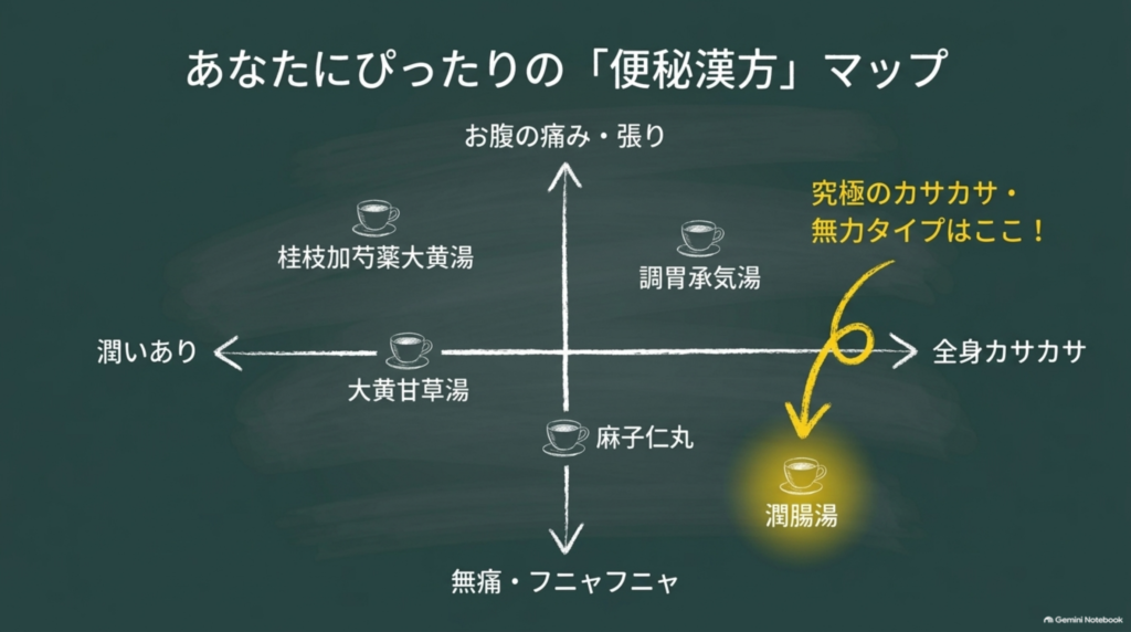 便秘の漢方マップ：桂枝加芍薬大黄湯、調胃承気湯、大黄甘草湯、麻子仁丸、そして全身カサカサの潤腸湯