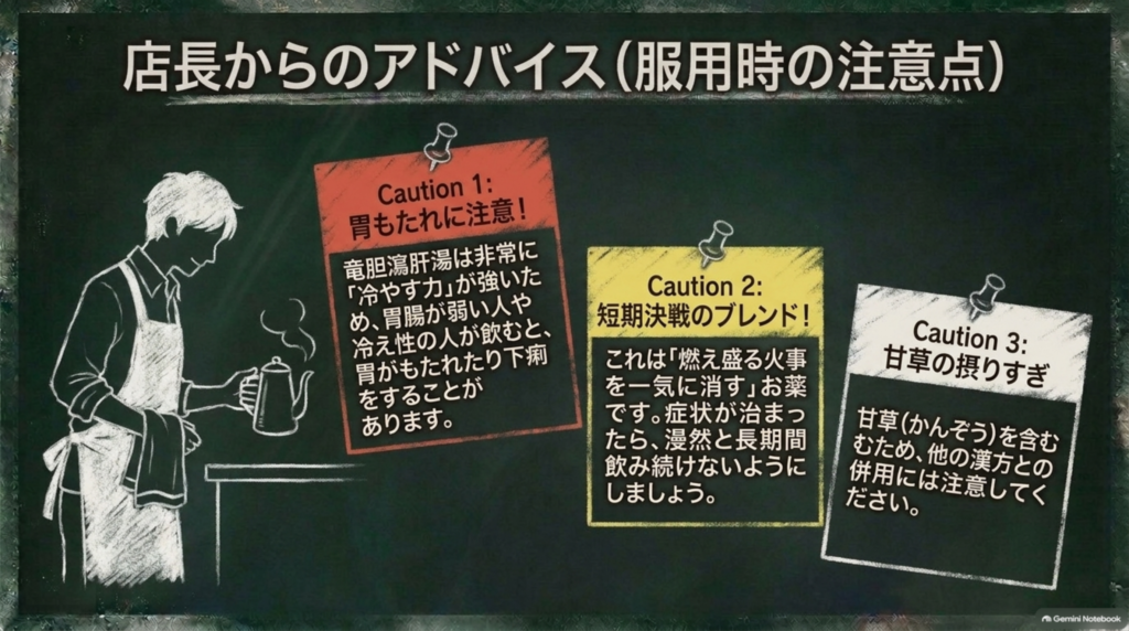服用時の注意点。胃もたれや下痢に注意、症状が治まったら漫然と飲み続けない、甘草を含むため他の漢方との併用に注意