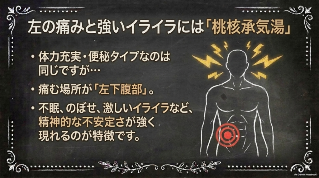 左の痛みと強いイライラには「桃核承気湯」。痛む場所が左下腹部で、不眠やのぼせなど精神症状が強く現れる