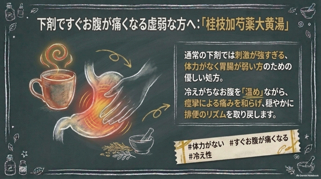 下剤ですぐお腹が痛くなる虚弱な方へ「桂枝加芍薬大黄湯」。冷えがちなお腹を温め、痛みを和らげながら穏やかに排便を促す