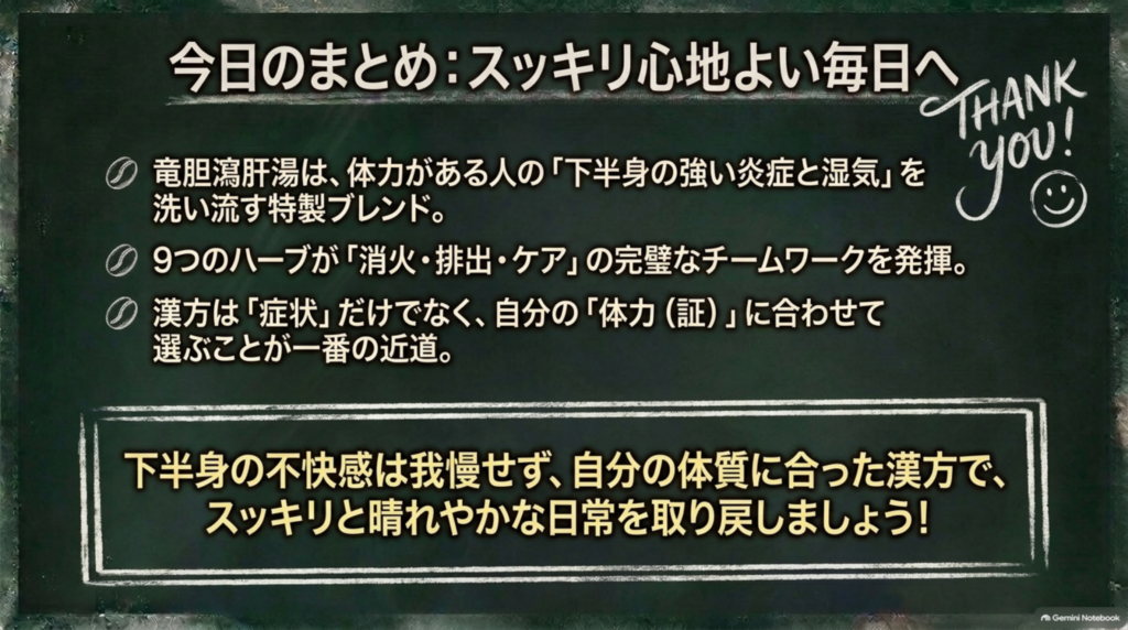今日のまとめ。竜胆瀉肝湯は体力がある人の下半身の強い炎症と湿気を洗い流す処方。漢方は症状だけでなく体質に合わせて選ぶことが大切