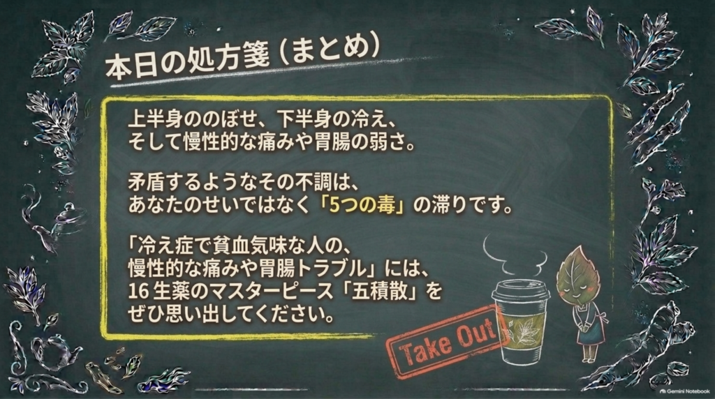 本日のまとめ:上半身ののぼせ、下半身の冷え、慢性的な痛みや胃腸の弱さには五積散