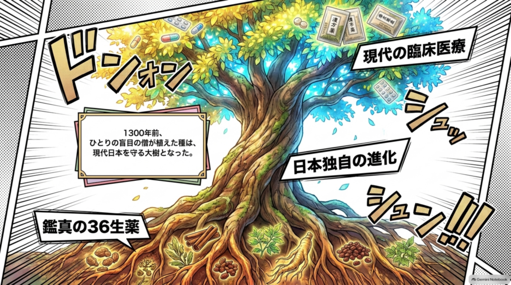 1300年前、ひとりの盲目の僧が植えた種は、現代日本を守る大樹となった。鑑真の36生薬と日本独自の進化