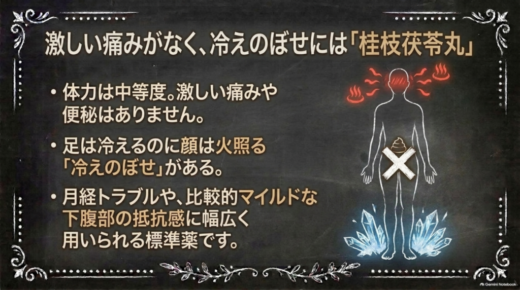 激しい痛みがなく冷えのぼせには「桂枝茯苓丸」。体力は中等度、便秘はなく、月経トラブルなどに幅広く用いられる