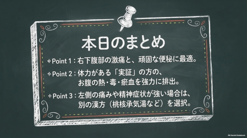 本日のまとめ：右下腹部の激痛と頑固な便秘に。体力がある実証の方のお腹の熱・毒・瘀血を排出。左側の痛みや精神症状が強い場合は別の漢方を
