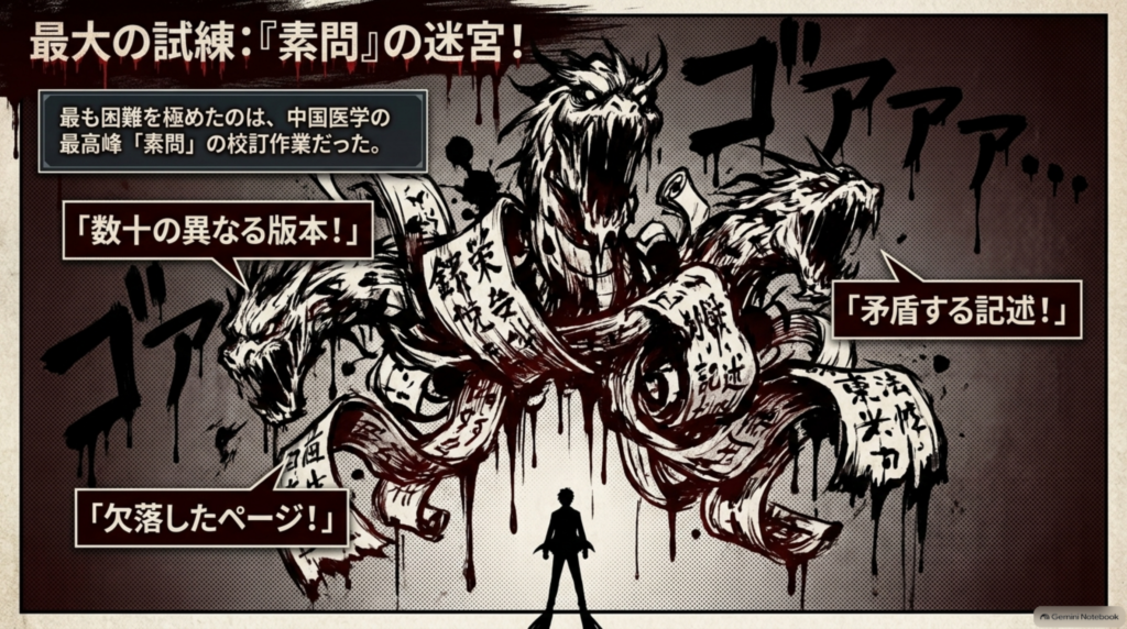最大の試練『素問』の迷宮。数十の異なる版本、矛盾する記述、欠落したページ