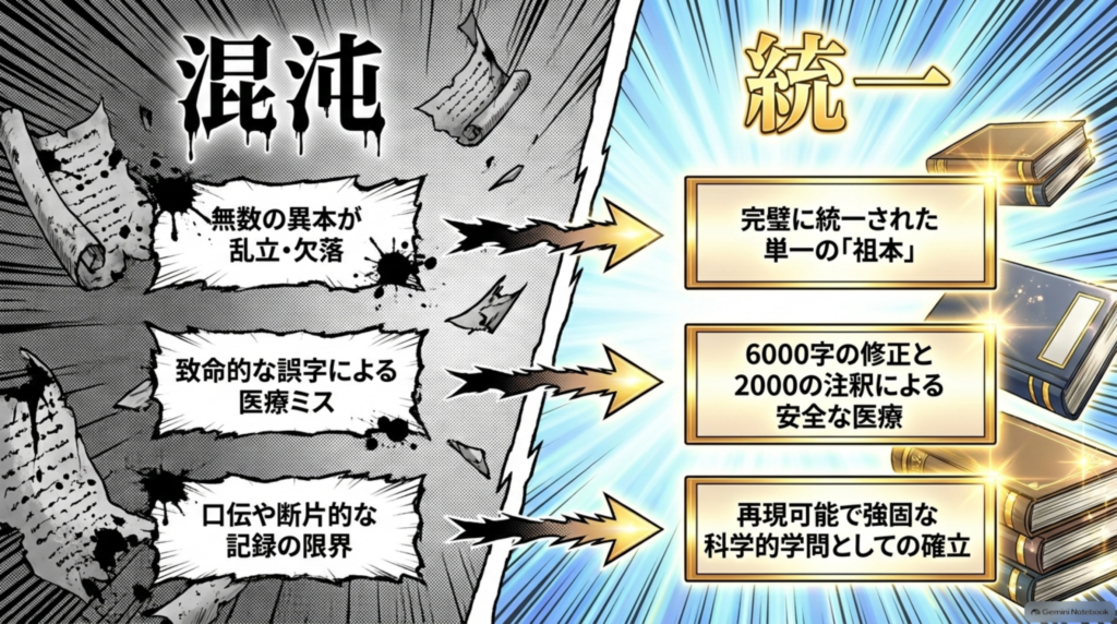 混沌から統一へ。無数の異本と誤字が、6000字の修正と2000の注釈で一つの祖本にまとまった