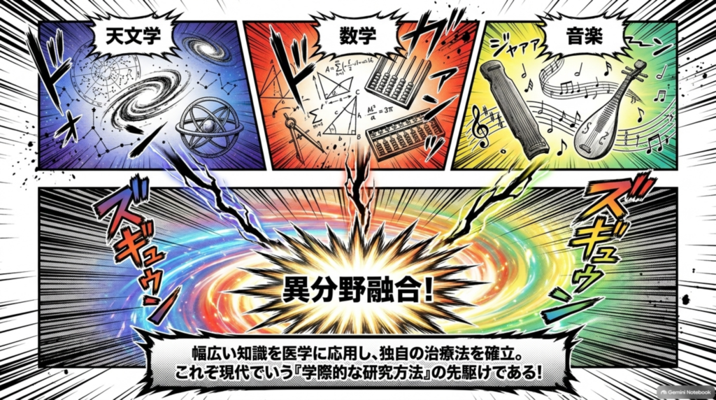 天文学・数学・音楽の異分野融合。幅広い知識を医学に応用し独自の治療法を確立、学際的な研究方法の先駆け