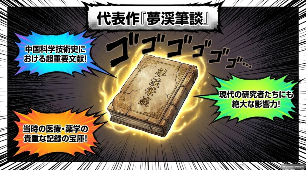 代表作『夢渓筆談』。中国科学技術史における超重要文献で、当時の医療・薬学の貴重な記録の宝庫