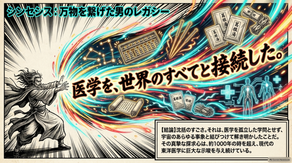 医学を、世界のすべてと接続した。沈括のすごさは医学を孤立した学問とせず、宇宙のあらゆる事象と結びつけたこと