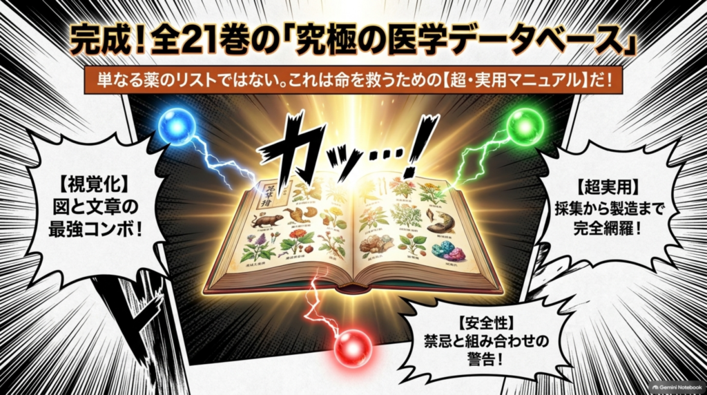 完成！全21巻の究極の医学データベース。図と文章の組み合わせと、禁忌・組み合わせの警告