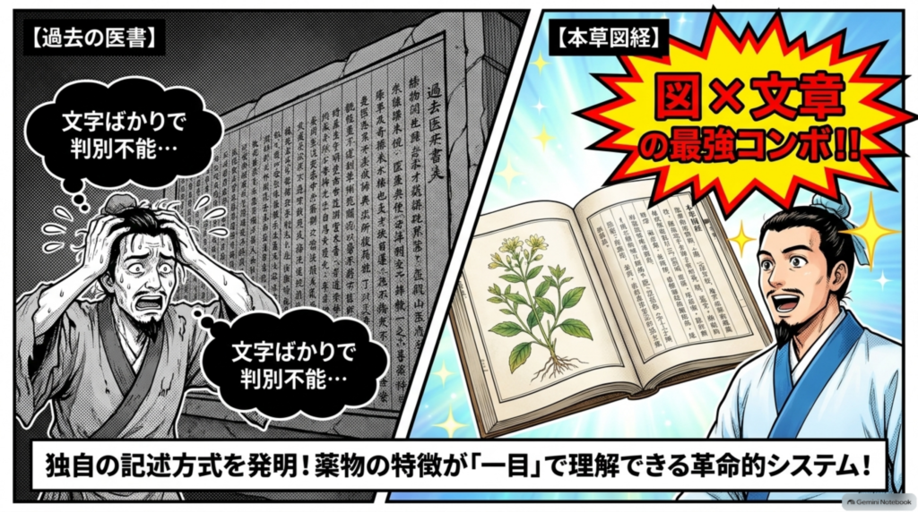 文字ばかりで判別できなかった旧来の医書に対し、図と文章を組み合わせた『本草図経』の革命