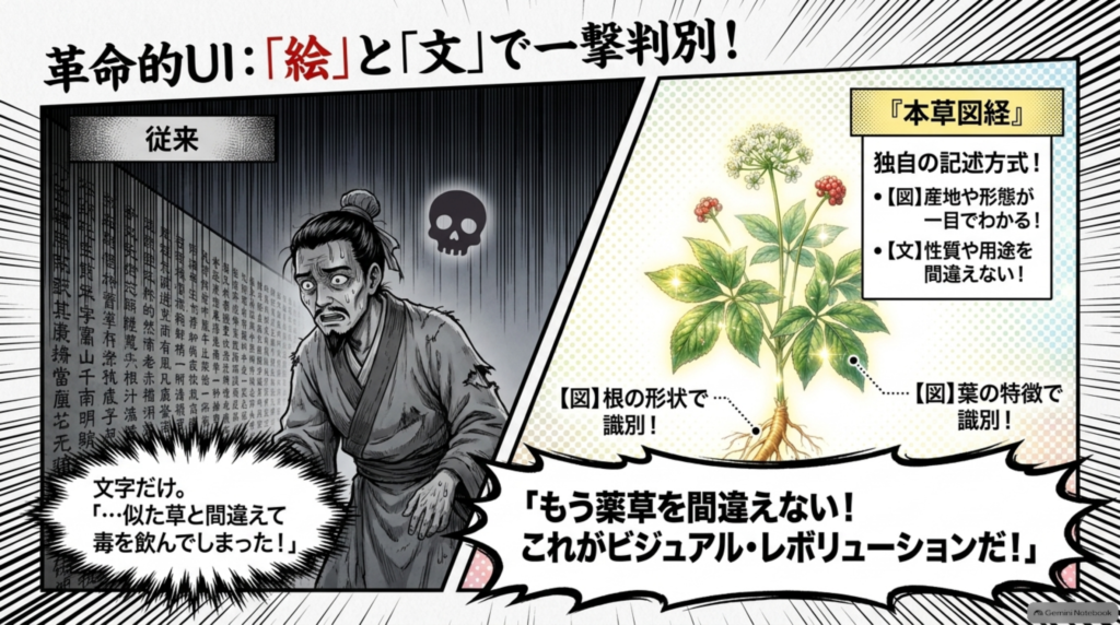 「絵」と「文」で一撃判別。根の形や葉の特徴を図で示し、似た草との取り違えを防いだ