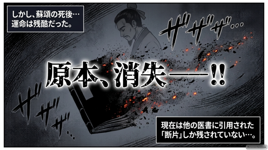 しかし蘇頌の死後、原本は消失。現在は他の医書に引用された断片しか残されていない