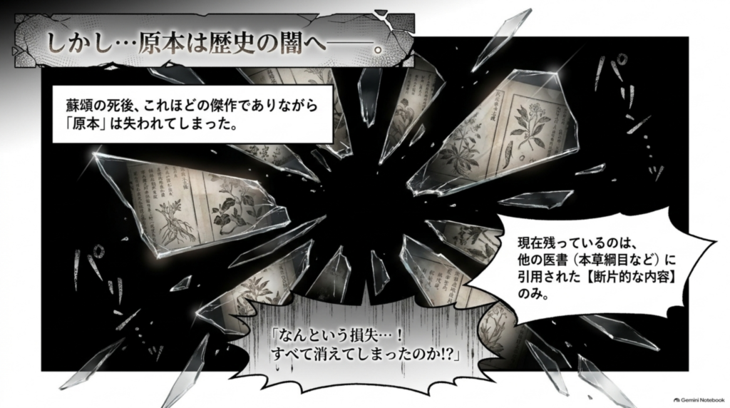 原本は歴史の闇へ。今残るのは『本草綱目』などに引用された断片的な内容のみ